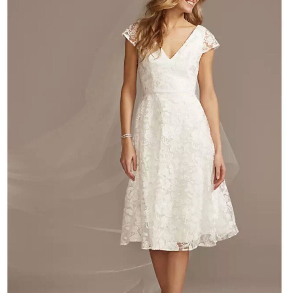 DB Studio V-neck Embroidered Lace Cap Sleeve A-Line Dress Soft White 12